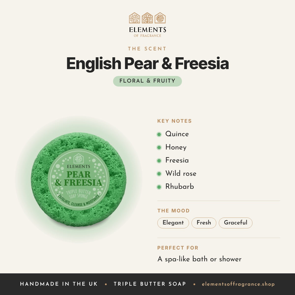 English Pear & Freesia Soap Sponge scent profile: floral & fruity with notes of quince, honey, freesia, wild rose, rhubarb