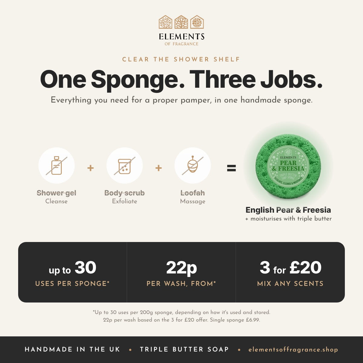 English Pear & Freesia Soap Sponge replaces shower gel, body scrub and loofah, up to 30 uses, mix any 3 for £20