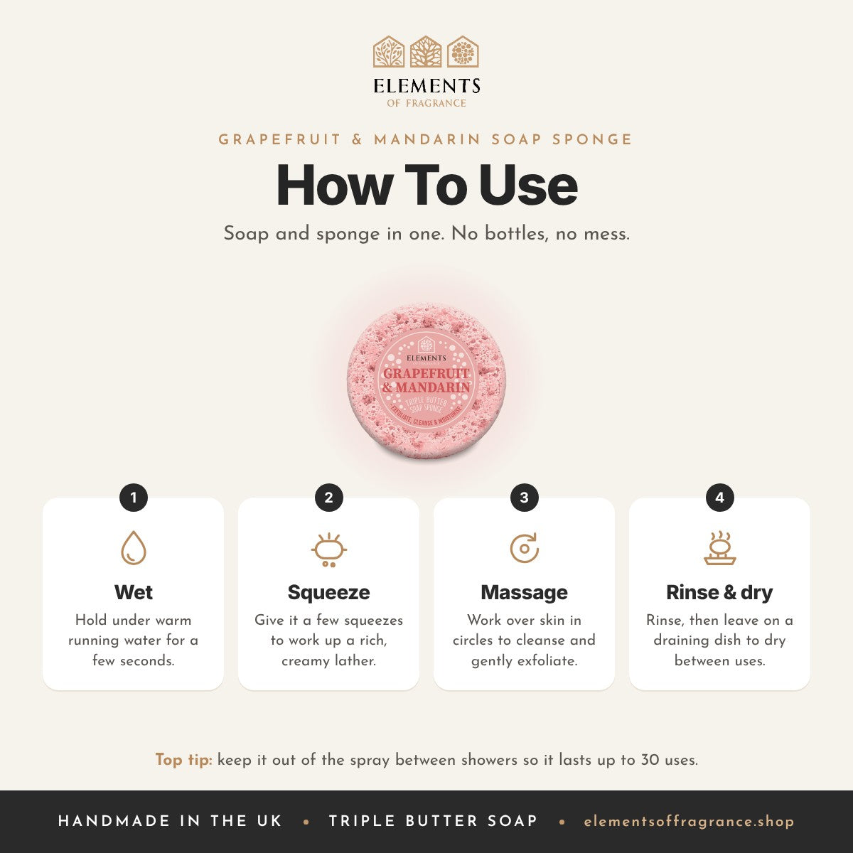 How to use the Grapefruit & Mandarin Soap Sponge: wet, squeeze, massage, then rinse and dry