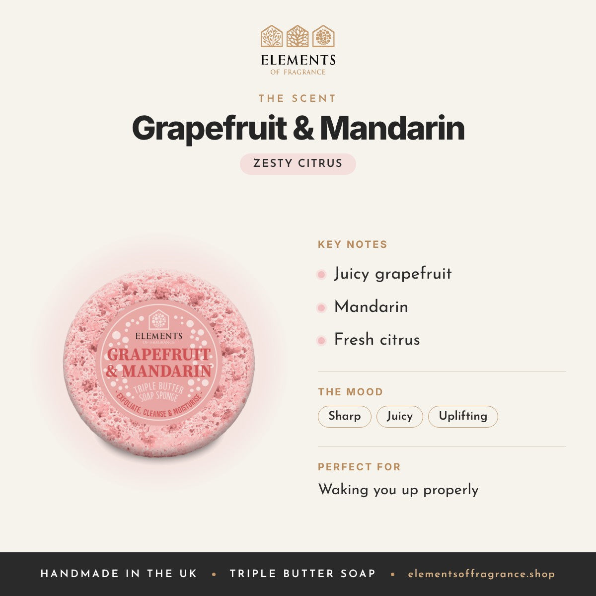 Grapefruit & Mandarin Soap Sponge scent profile: zesty citrus with notes of juicy grapefruit, mandarin, fresh citrus