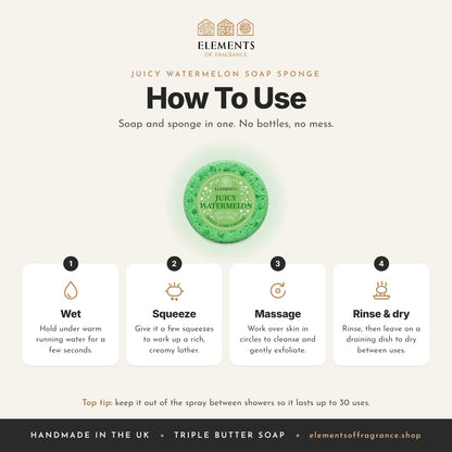 How to use the Juicy Watermelon Soap Sponge: wet, squeeze, massage, then rinse and dry
