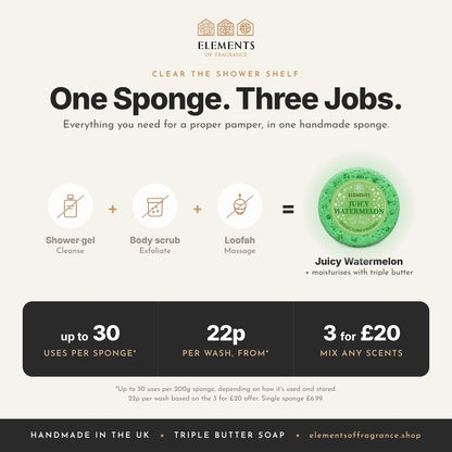Juicy Watermelon Soap Sponge replaces shower gel, body scrub and loofah, up to 30 uses, mix any 3 for £20