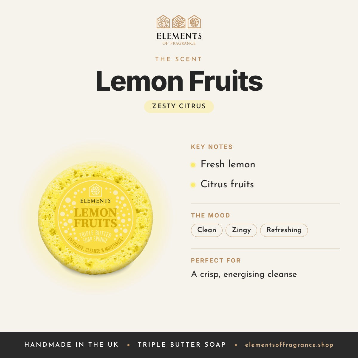 Lemon Fruits Soap Sponge scent profile: zesty citrus with notes of fresh lemon, citrus fruits