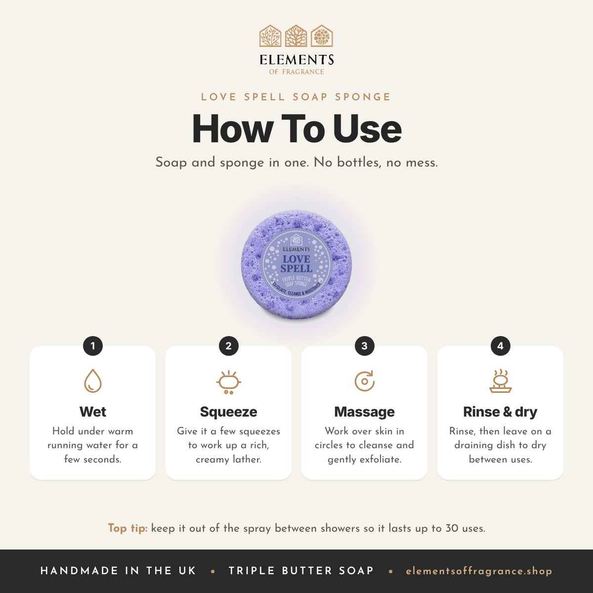 How to use the Love Spell Soap Sponge: wet, squeeze, massage, then rinse and dry