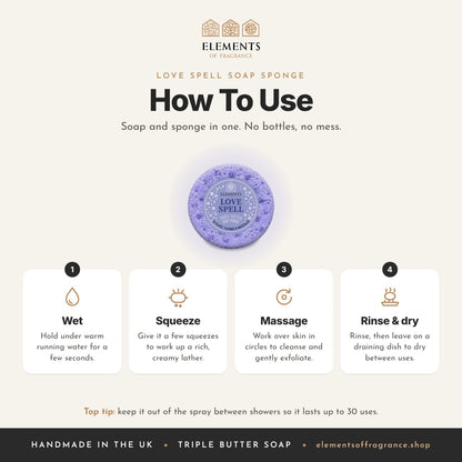 How to use the Love Spell Soap Sponge: wet, squeeze, massage, then rinse and dry