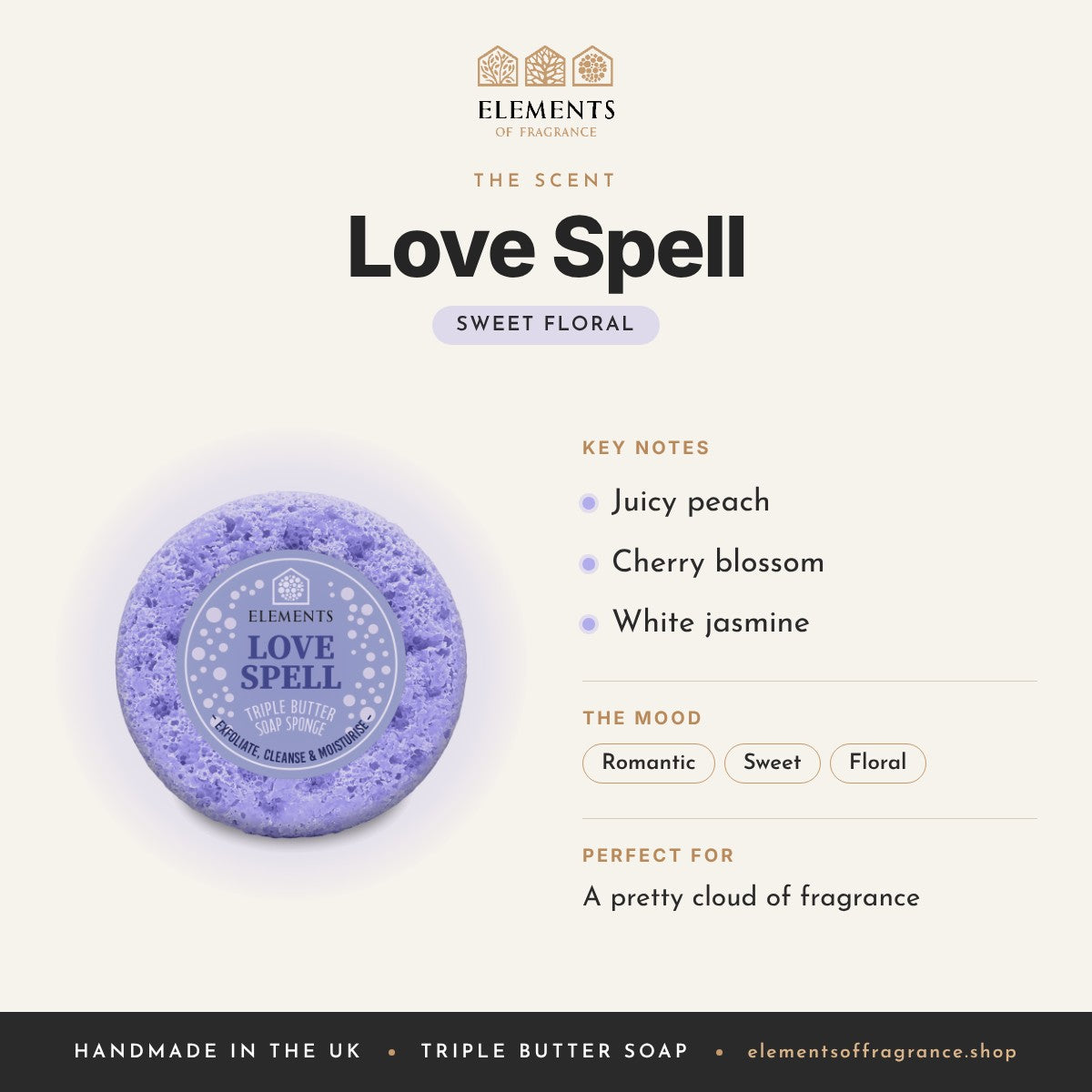Love Spell Soap Sponge scent profile: sweet floral with notes of juicy peach, cherry blossom, white jasmine