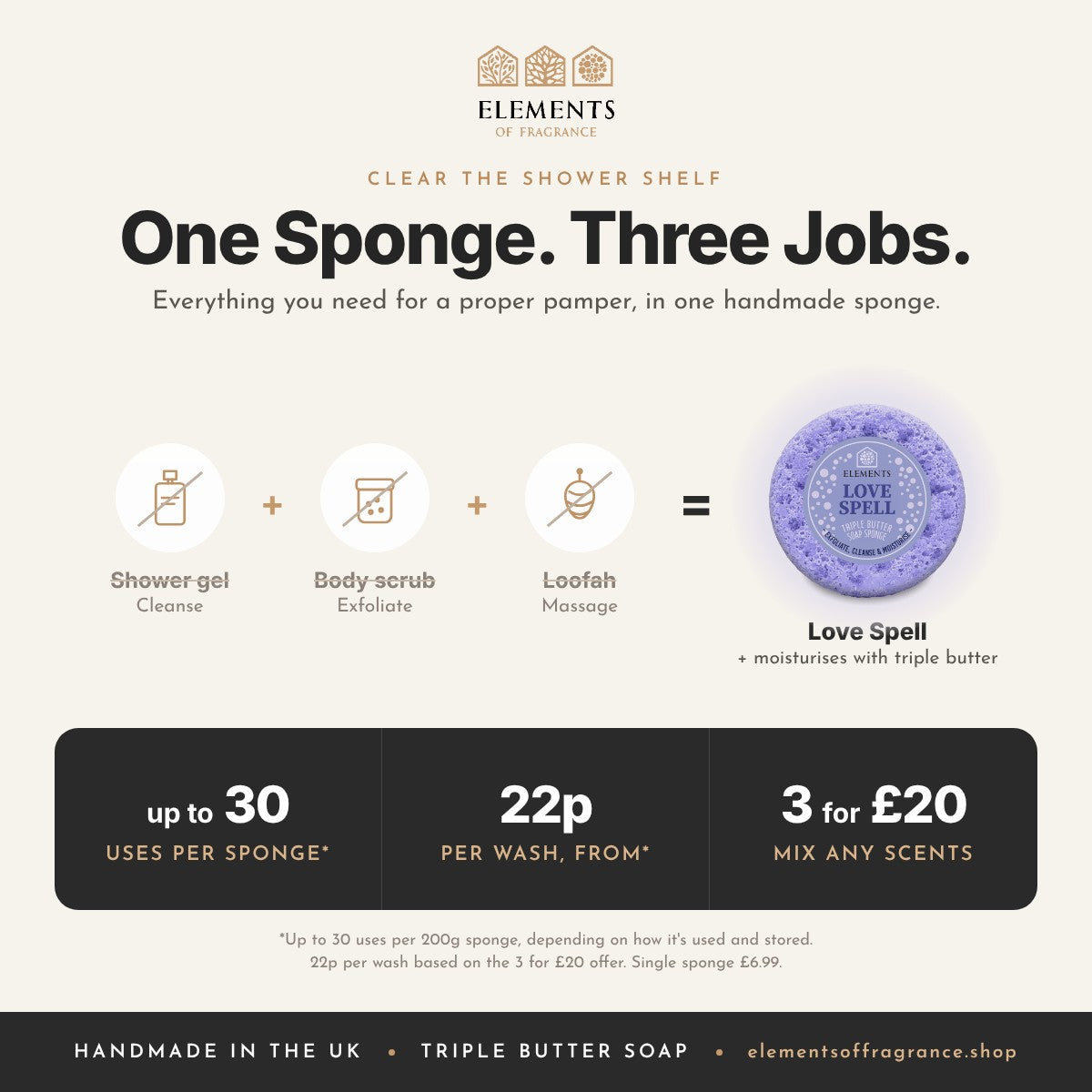 Love Spell Soap Sponge replaces shower gel, body scrub and loofah, up to 30 uses, mix any 3 for £20