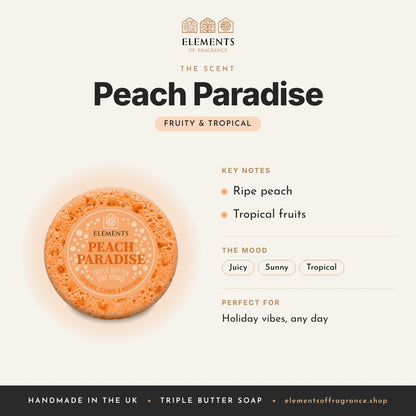 Peach Paradise Soap Sponge scent profile: fruity & tropical with notes of ripe peach, tropical fruits