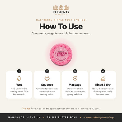 How to use the Raspberry Ripple Soap Sponge: wet, squeeze, massage, then rinse and dry