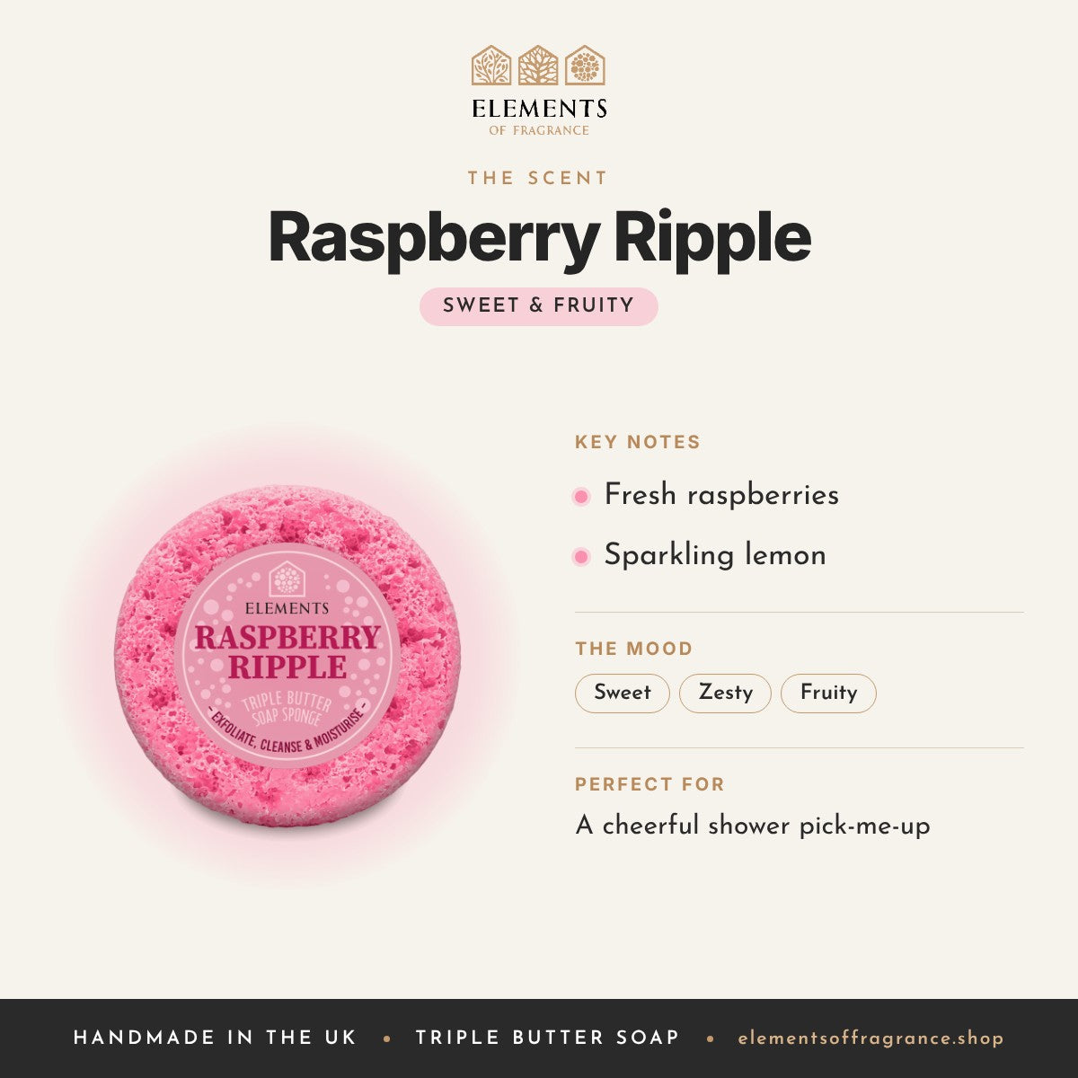Raspberry Ripple Soap Sponge scent profile: sweet & fruity with notes of fresh raspberries, sparkling lemon