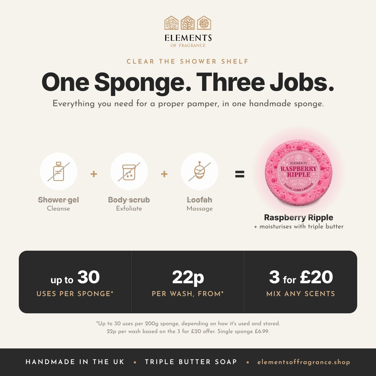 Raspberry Ripple Soap Sponge replaces shower gel, body scrub and loofah, up to 30 uses, mix any 3 for £20