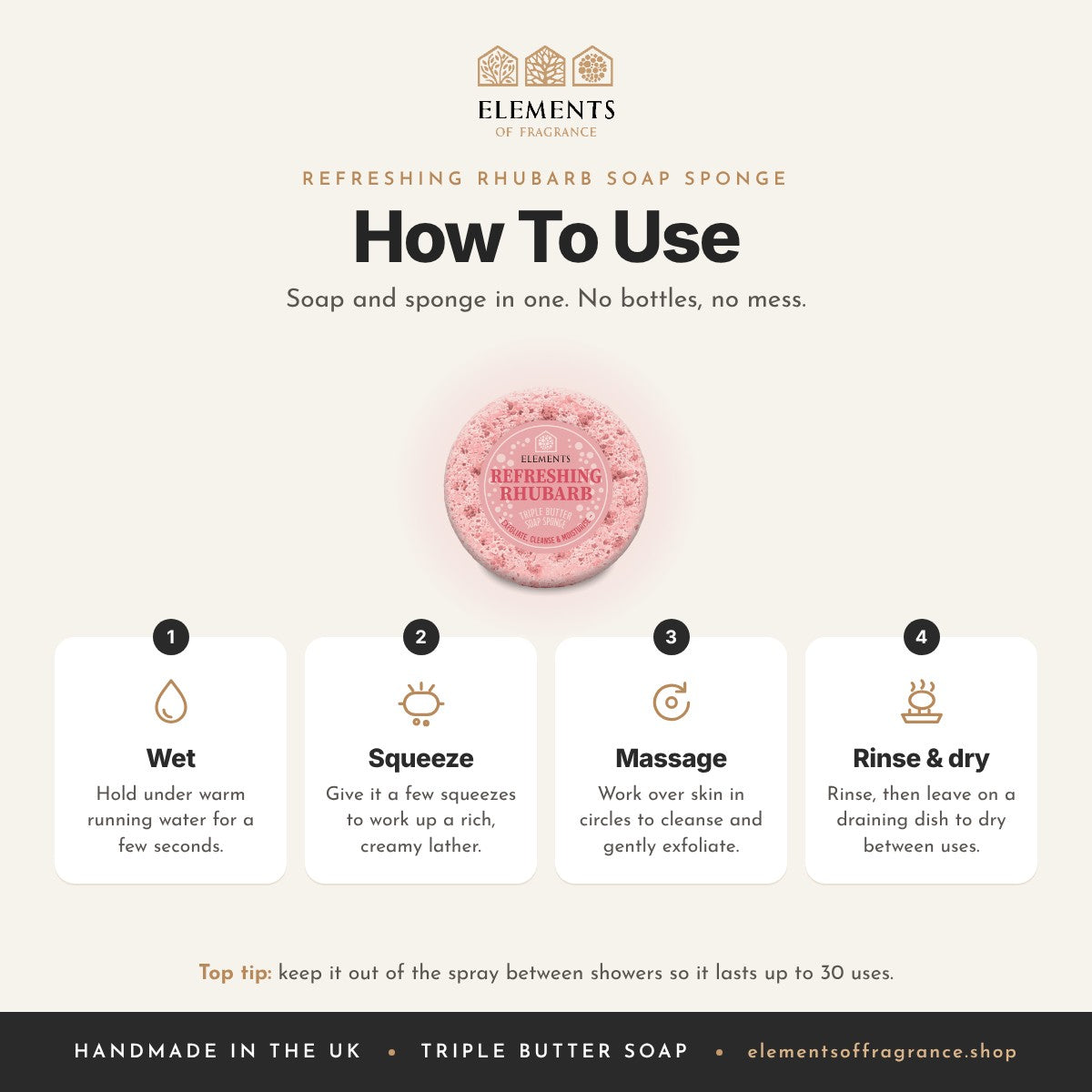How to use the Refreshing Rhubarb Soap Sponge: wet, squeeze, massage, then rinse and dry