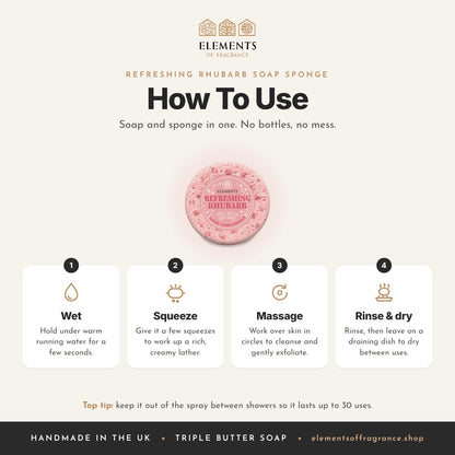 How to use the Refreshing Rhubarb Soap Sponge: wet, squeeze, massage, then rinse and dry