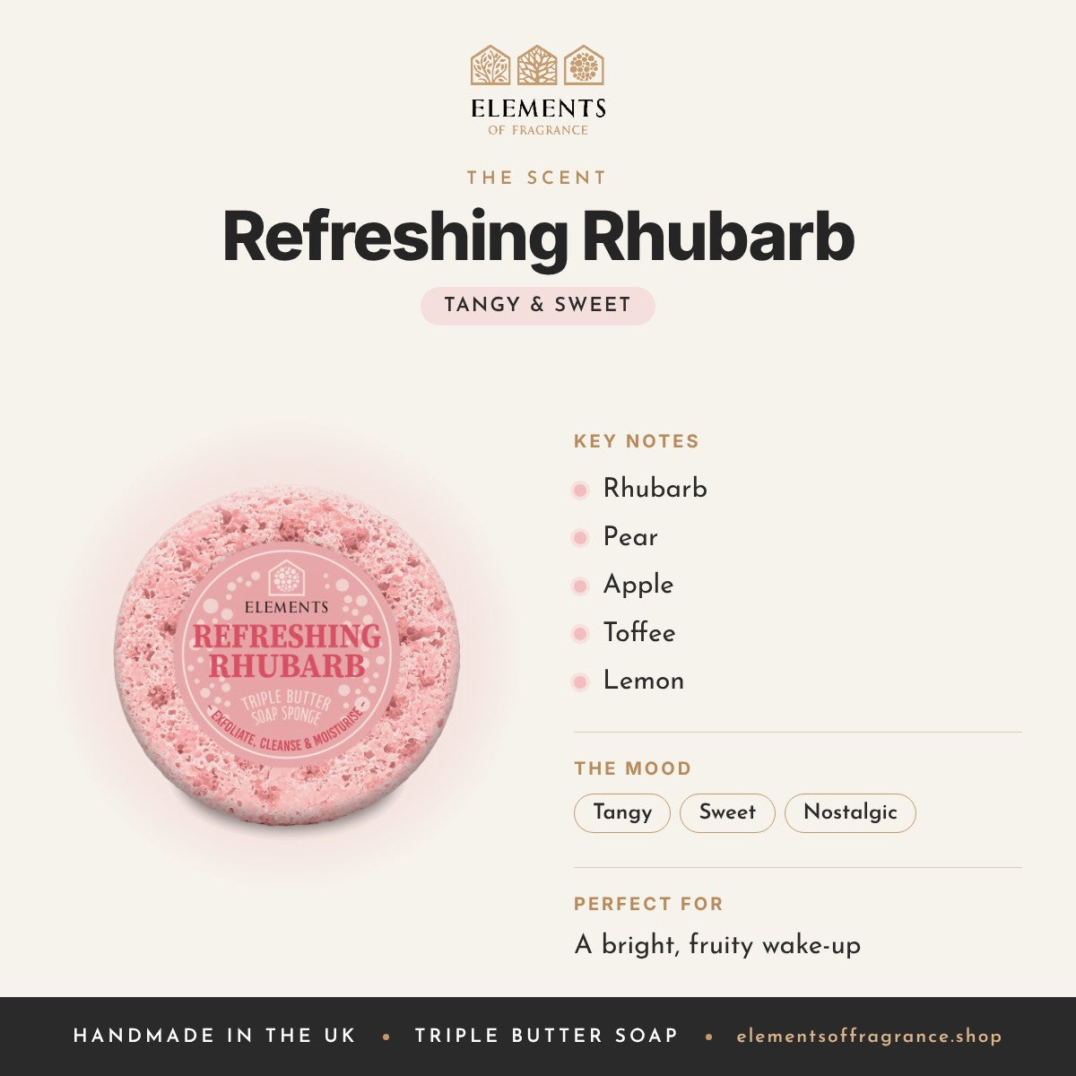Refreshing Rhubarb Soap Sponge scent profile: tangy & sweet with notes of rhubarb, pear, apple, toffee, lemon