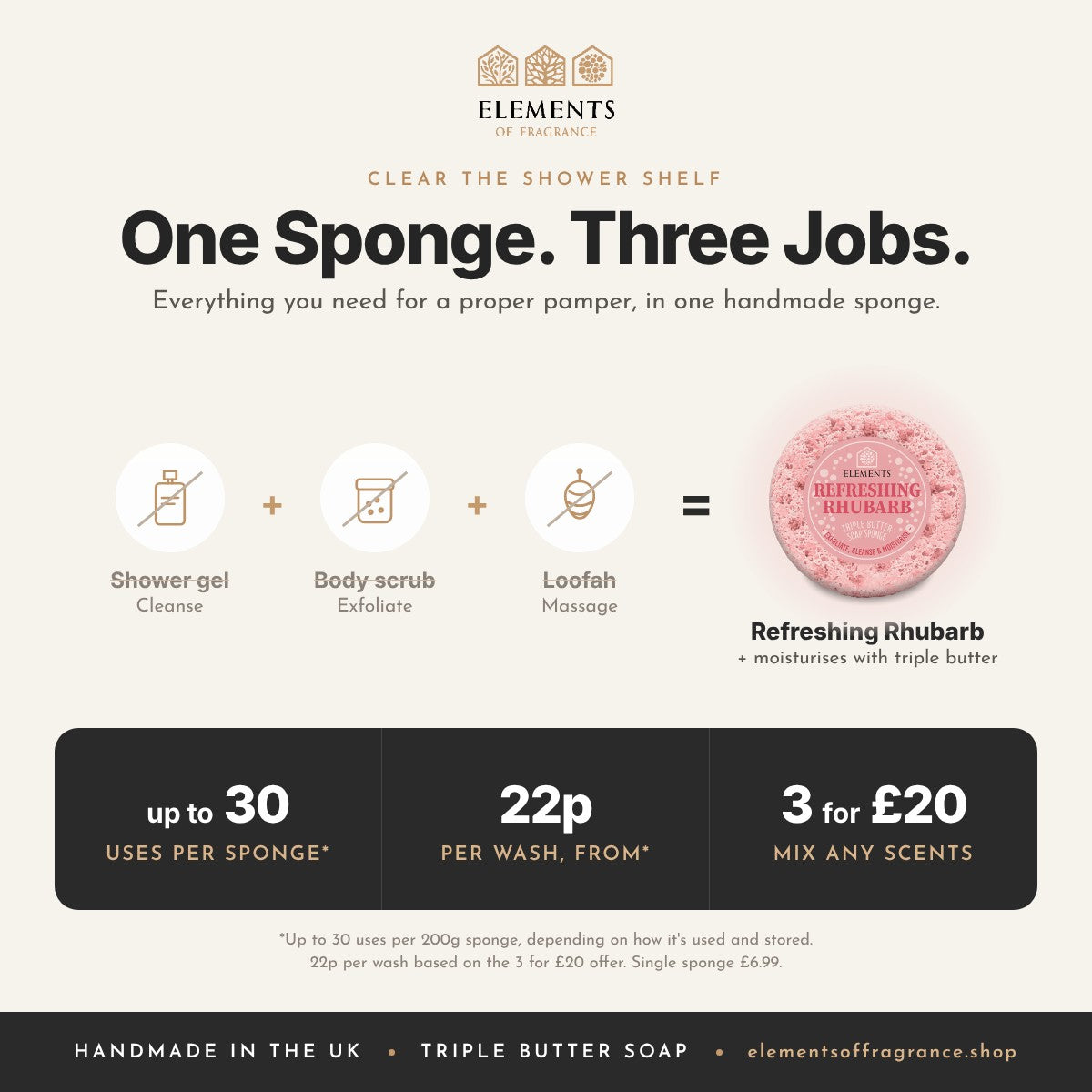 Refreshing Rhubarb Soap Sponge replaces shower gel, body scrub and loofah, up to 30 uses, mix any 3 for £20