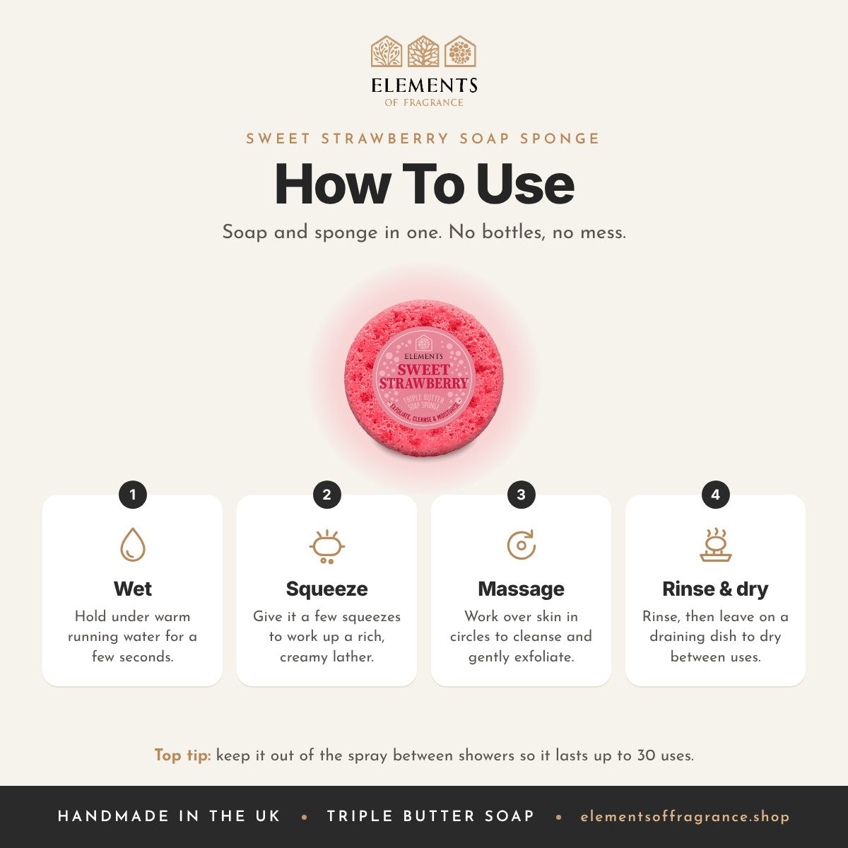 How to use the Sweet Strawberry Soap Sponge: wet, squeeze, massage, then rinse and dry