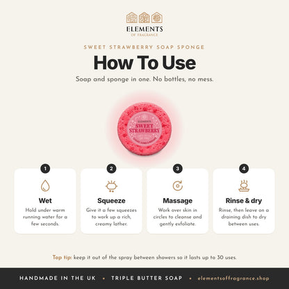 How to use the Sweet Strawberry Soap Sponge: wet, squeeze, massage, then rinse and dry