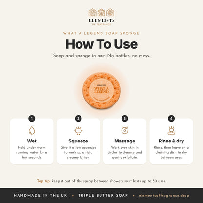 How to use the What a Legend Soap Sponge: wet, squeeze, massage, then rinse and dry