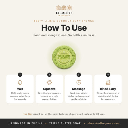 How to use the Zesty Lime & Coconut Soap Sponge: wet, squeeze, massage, then rinse and dry
