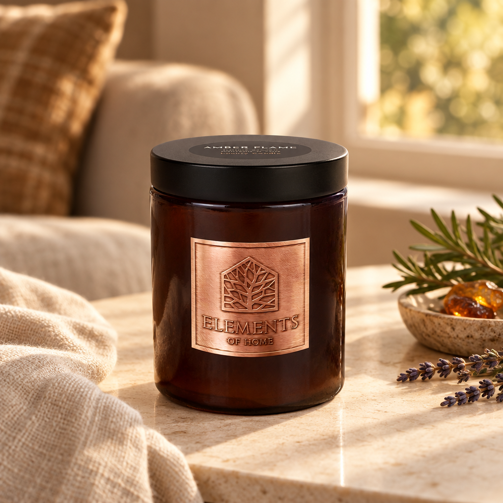 Amber Flame 140g luxury candle in an amber glass jar in a cosy living room – Elements of Fragrance