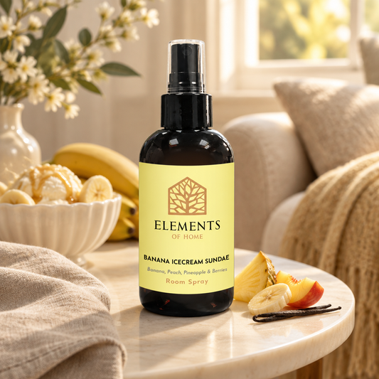 Banana Ice-cream Sundae room spray on a side table in a sunlit living room – Elements of Fragrance
