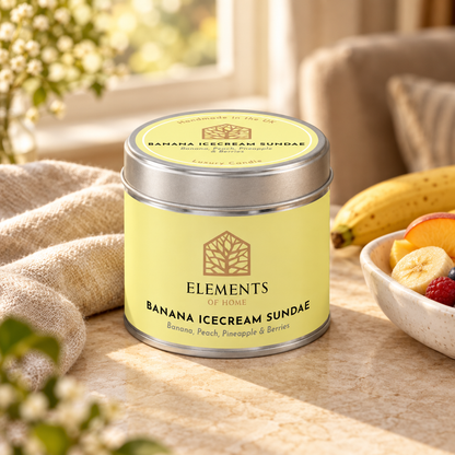 Banana Icecream Sundae scented candle in a 180g tin styled with fresh ingredients – Elements of Fragrance
