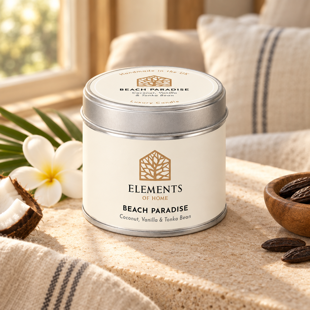 Beach Paradise scented candle in a 180g tin styled with fresh ingredients – Elements of Fragrance