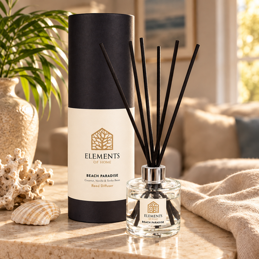 Beach Paradise 100ml reed diffuser with black reeds styled in a sunlit living room – Elements of Fragrance