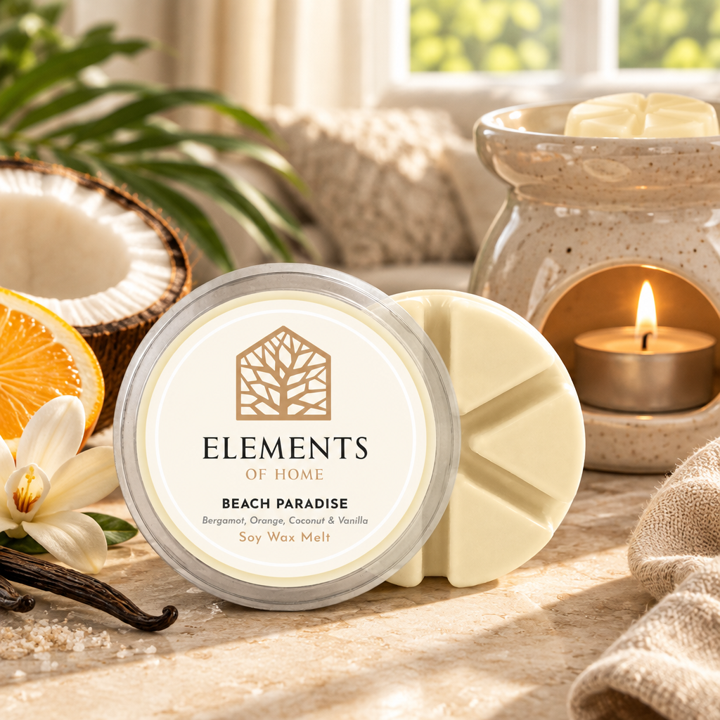 Beach Paradise 50g soy wax melt snap pot beside a lit ceramic wax burner – Elements of Fragrance