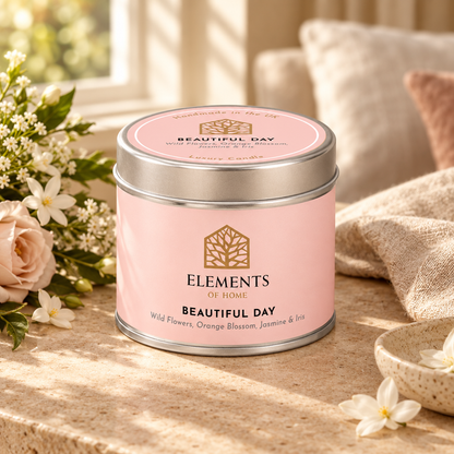 Beautiful Day scented candle in a 180g tin styled with fresh ingredients – Elements of Fragrance