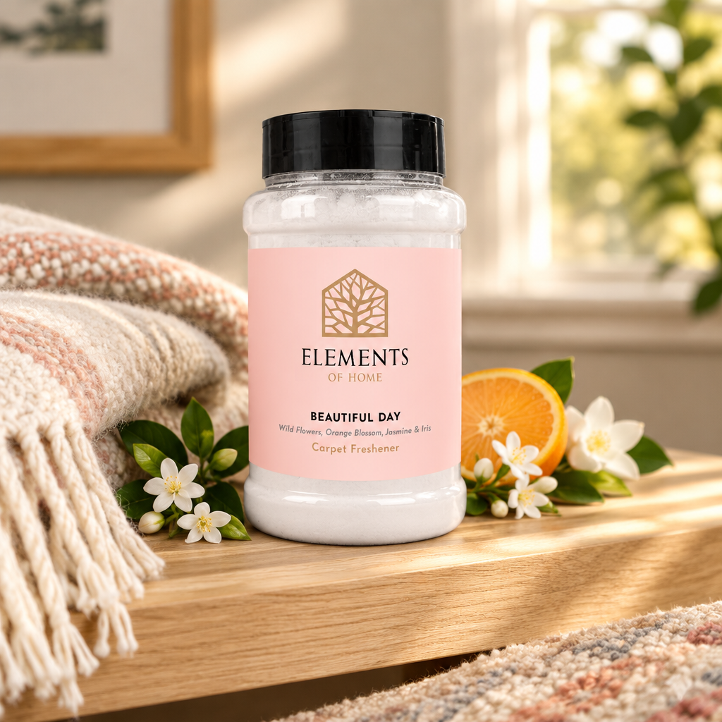 Beautiful Day scented carpet sprinkles shaker tub on a wooden shelf with cosy throws – Elements of Fragrance