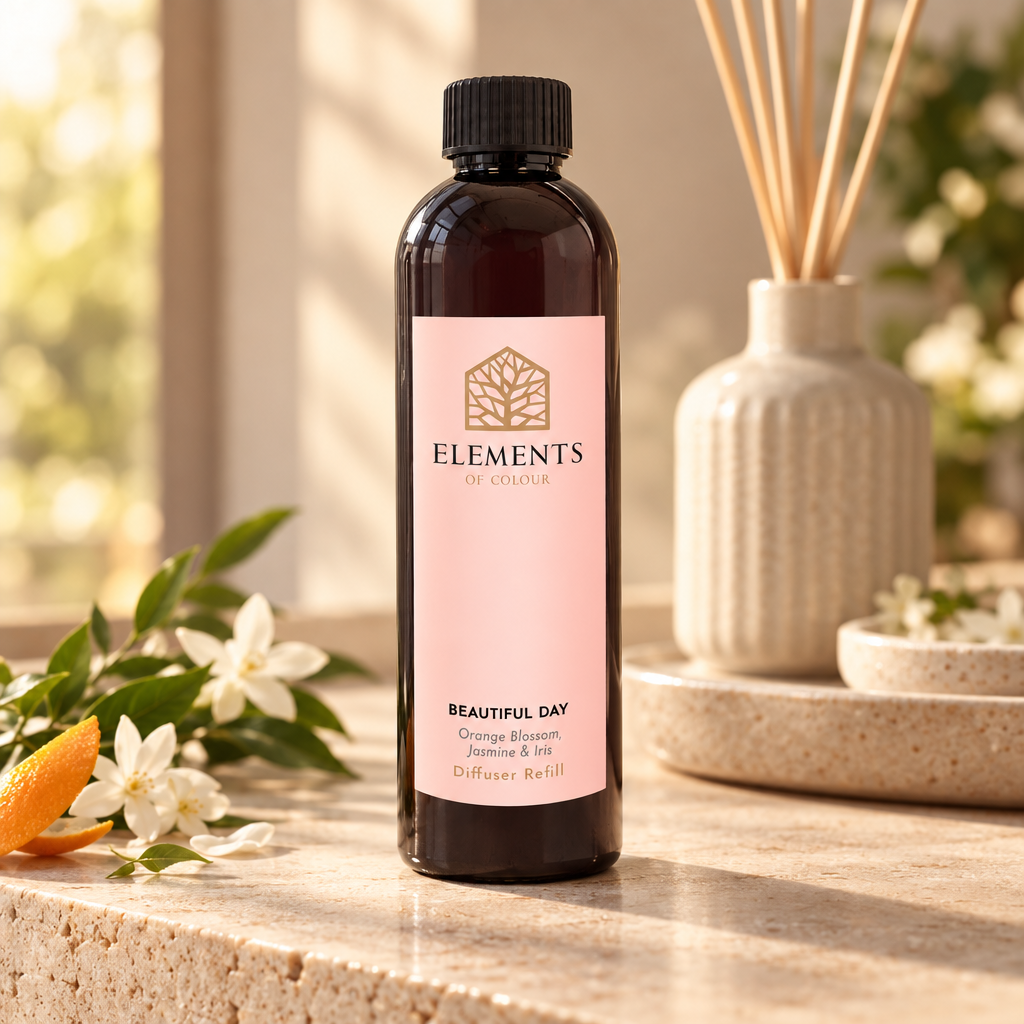 Beautiful Day reed diffuser refill bottle beside a reed diffuser – Elements of Fragrance