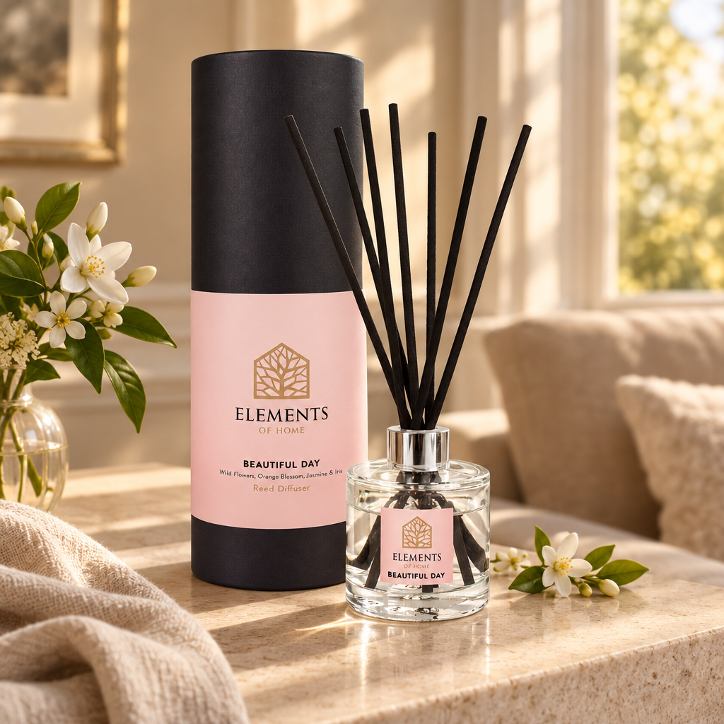 Beautiful Day 100ml reed diffuser with black reeds styled in a sunlit living room – Elements of Fragrance