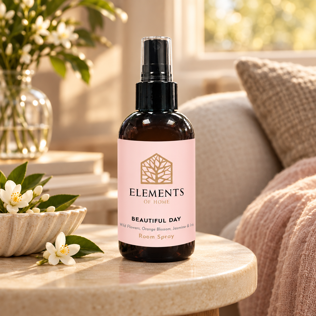 Beautiful Day room spray on a side table in a sunlit living room – Elements of Fragrance