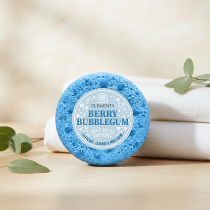 Berry Bubblegum triple butter soap sponge on a bathroom shelf with white towels – Elements of Fragrance