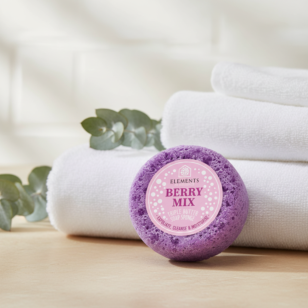 Berry Mix triple butter soap sponge on a bathroom shelf with white towels – Elements of Fragrance