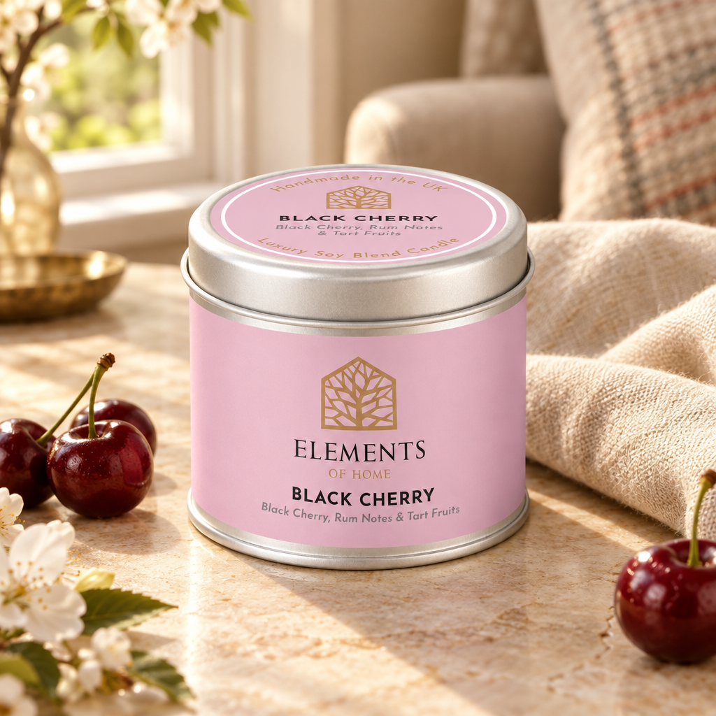 Black Cherry scented candle in a 180g tin styled with fresh ingredients – Elements of Fragrance