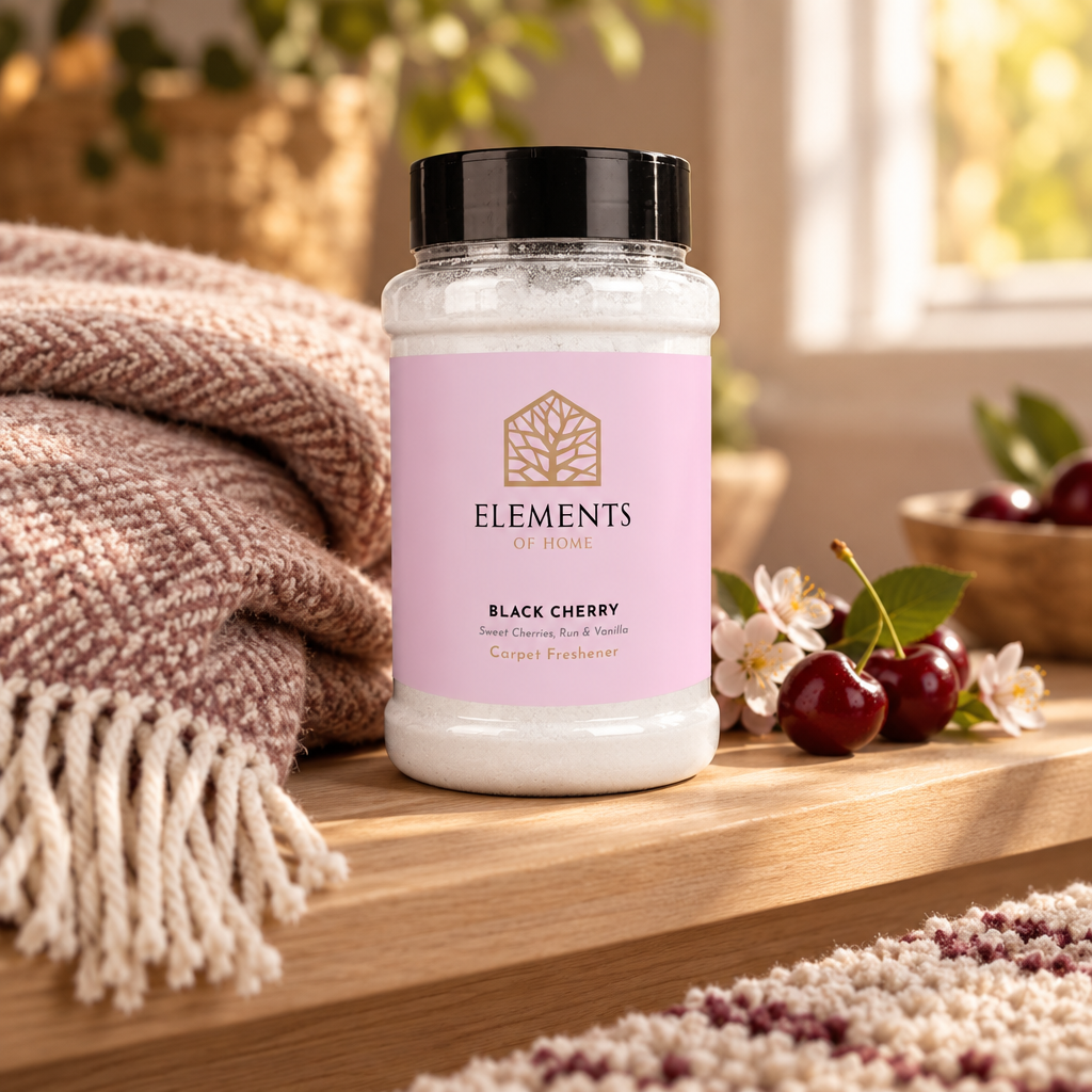 Black Cherry scented carpet sprinkles shaker tub on a wooden shelf with cosy throws – Elements of Fragrance