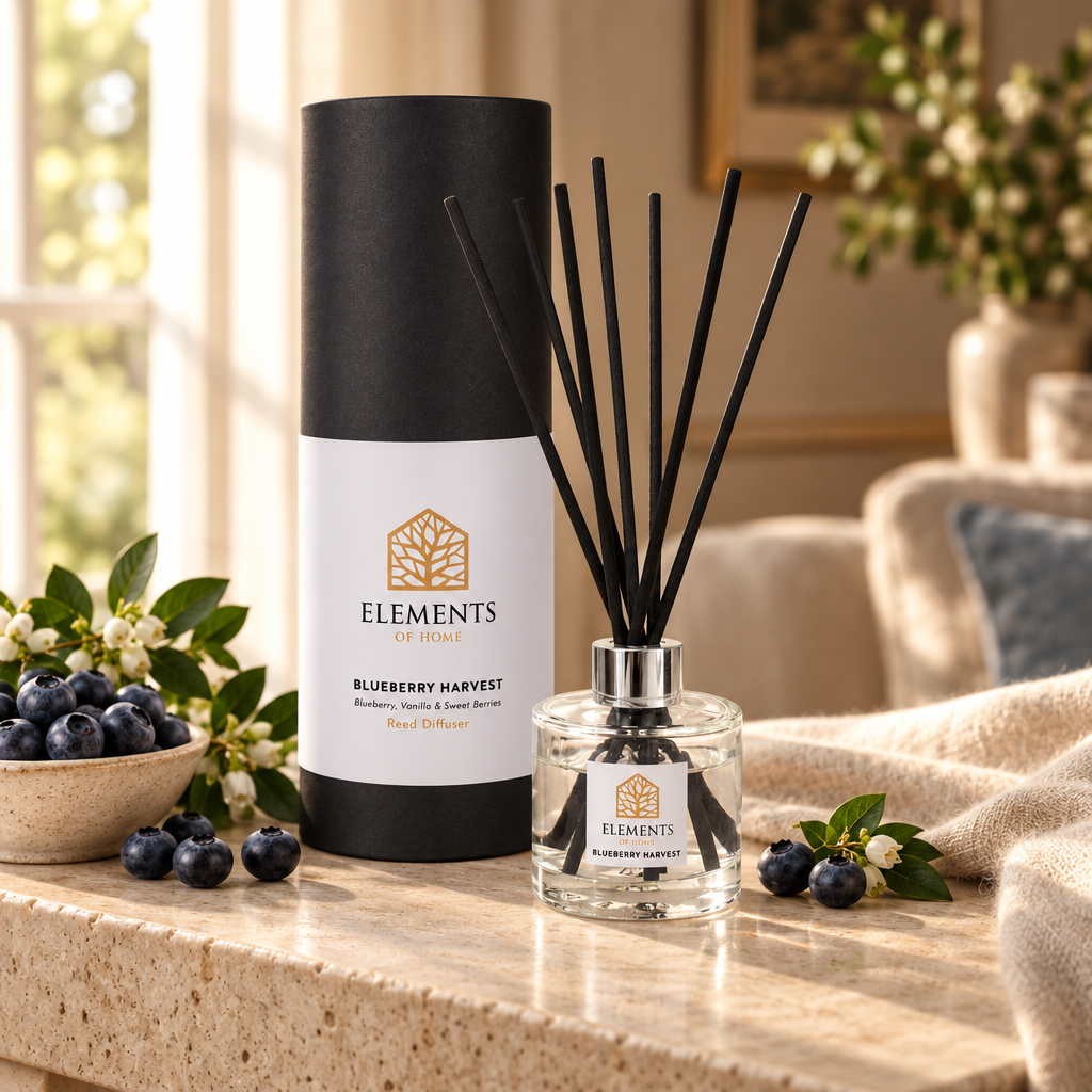 Blueberry Harvest 100ml reed diffuser with black reeds styled in a sunlit living room – Elements of Fragrance