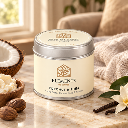 Coconut & Shea scented candle in a 180g tin styled with fresh ingredients – Elements of Fragrance
