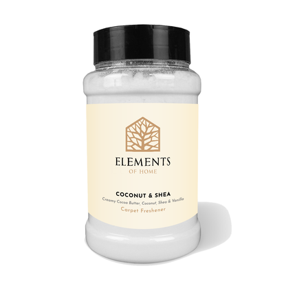 Coconut & Shea scented carpet sprinkles in a shaker tub – Elements of Fragrance