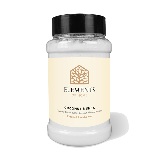 Coconut & Shea scented carpet sprinkles in a shaker tub – Elements of Fragrance