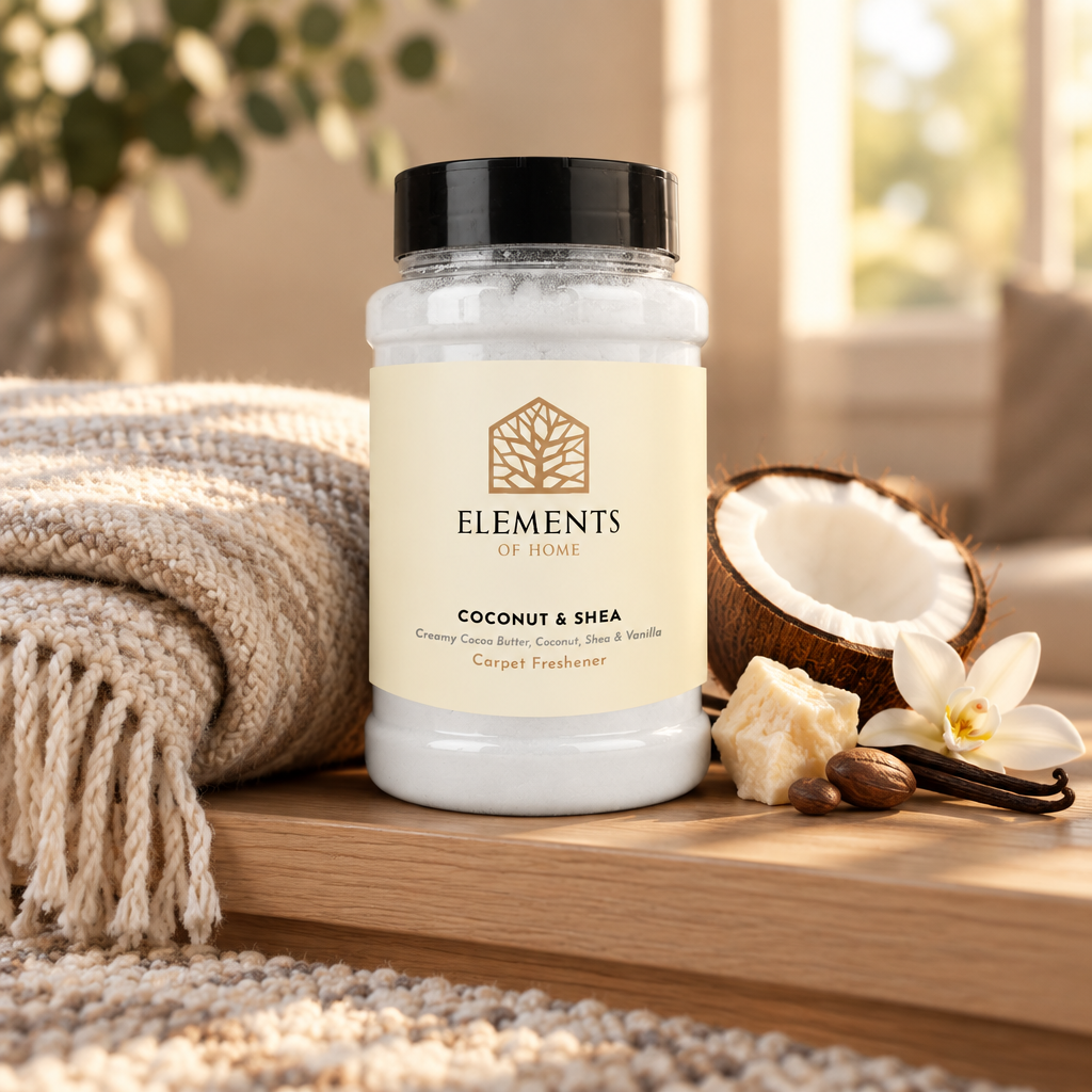 Coconut & Shea scented carpet sprinkles shaker tub on a wooden shelf with cosy throws – Elements of Fragrance