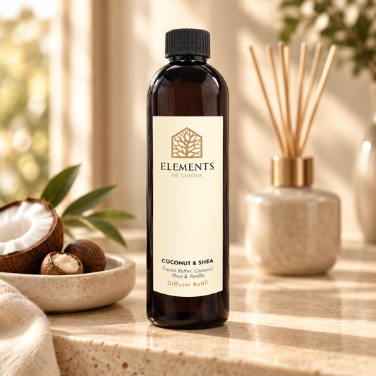 Coconut & Shea reed diffuser refill bottle beside a reed diffuser – Elements of Fragrance