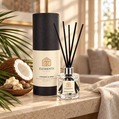 Coconut & Shea 100ml reed diffuser with black reeds styled in a sunlit living room – Elements of Fragrance
