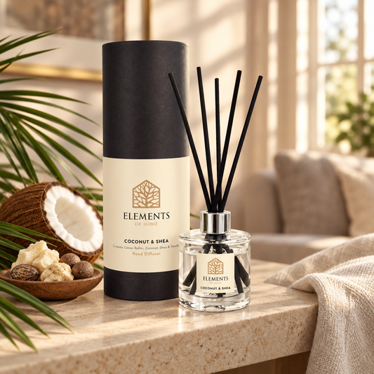 Coconut & Shea 100ml reed diffuser with black reeds styled in a sunlit living room – Elements of Fragrance