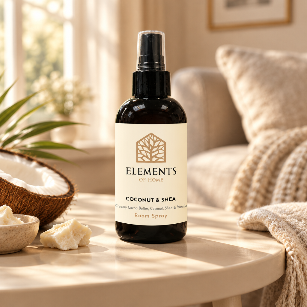 Coconut & Shea room spray on a side table in a sunlit living room – Elements of Fragrance