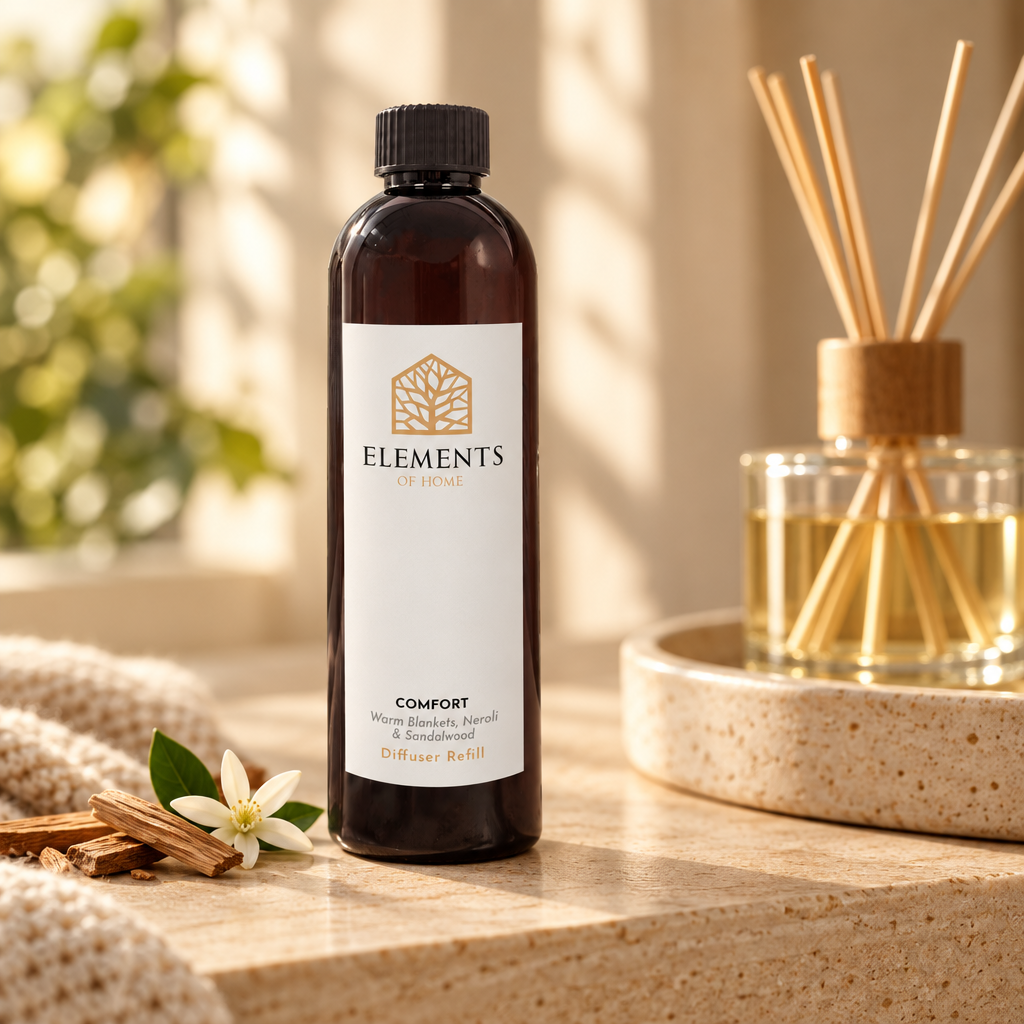 Comfort reed diffuser refill bottle beside a reed diffuser – Elements of Fragrance