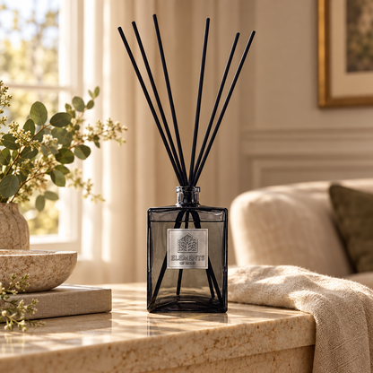 Crystal Sky 1L luxury reed diffuser in a black glass bottle styled in a sunlit living room – Elements of Fragrance
