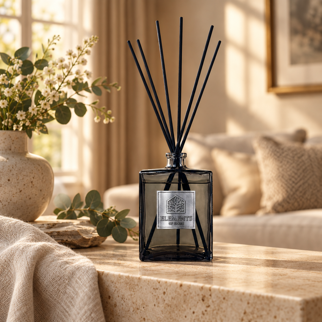 Crystal Sky 500ml luxury reed diffuser in a black glass bottle styled in a sunlit living room – Elements of Fragrance